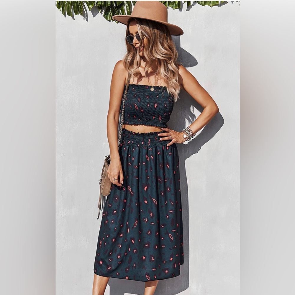 Angashion Women's Floral 2-Piece Crop Top with Midi Skirt